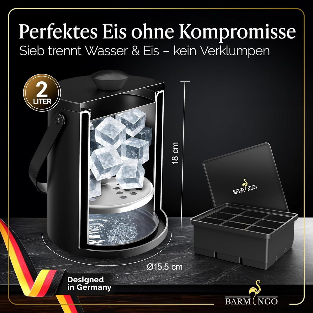 Edelstahl Eiswürfelbehälter mit Deckel - 2l Eiskübel/Eisbehälter für Eiswürfel mit Sieb, Eiswürfelfo