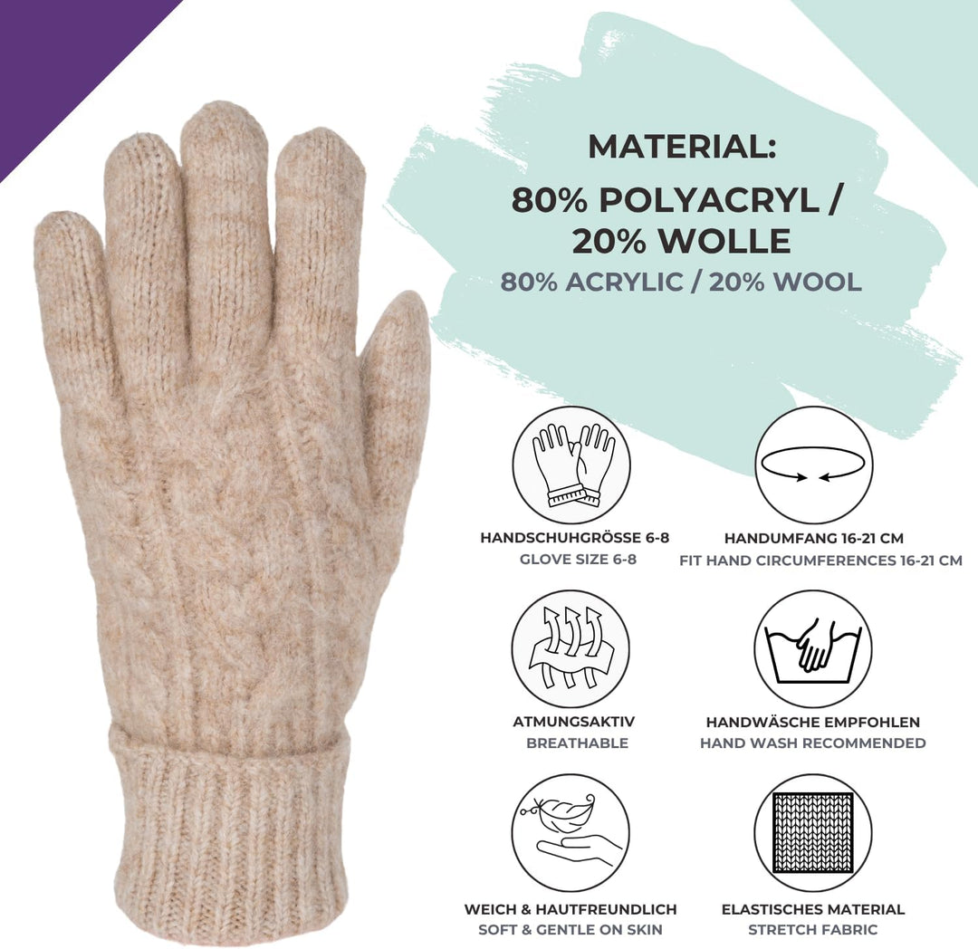 styleBREAKER Damen Strickhandschuhe mit Zopfstrickmuster, warme Winter Fingerhandschuhe, vielseitige