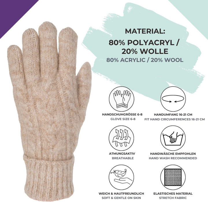 styleBREAKER Damen Strickhandschuhe mit Zopfstrickmuster, warme Winter Fingerhandschuhe, vielseitige