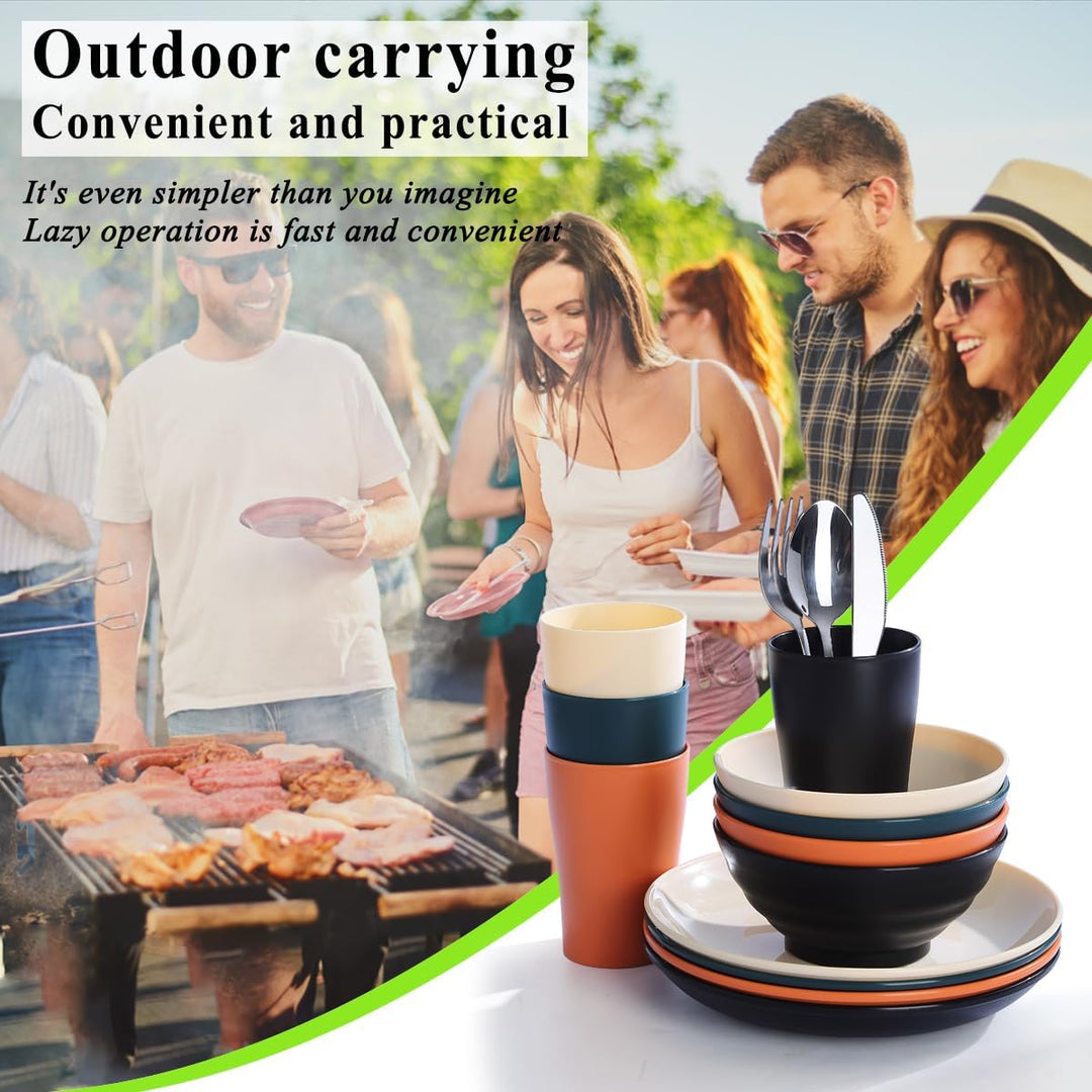 Kyraton Camping Besteck Set, wiederverwendbarer Leichter Becher, Schalen, Teller und Edelstahlbestec