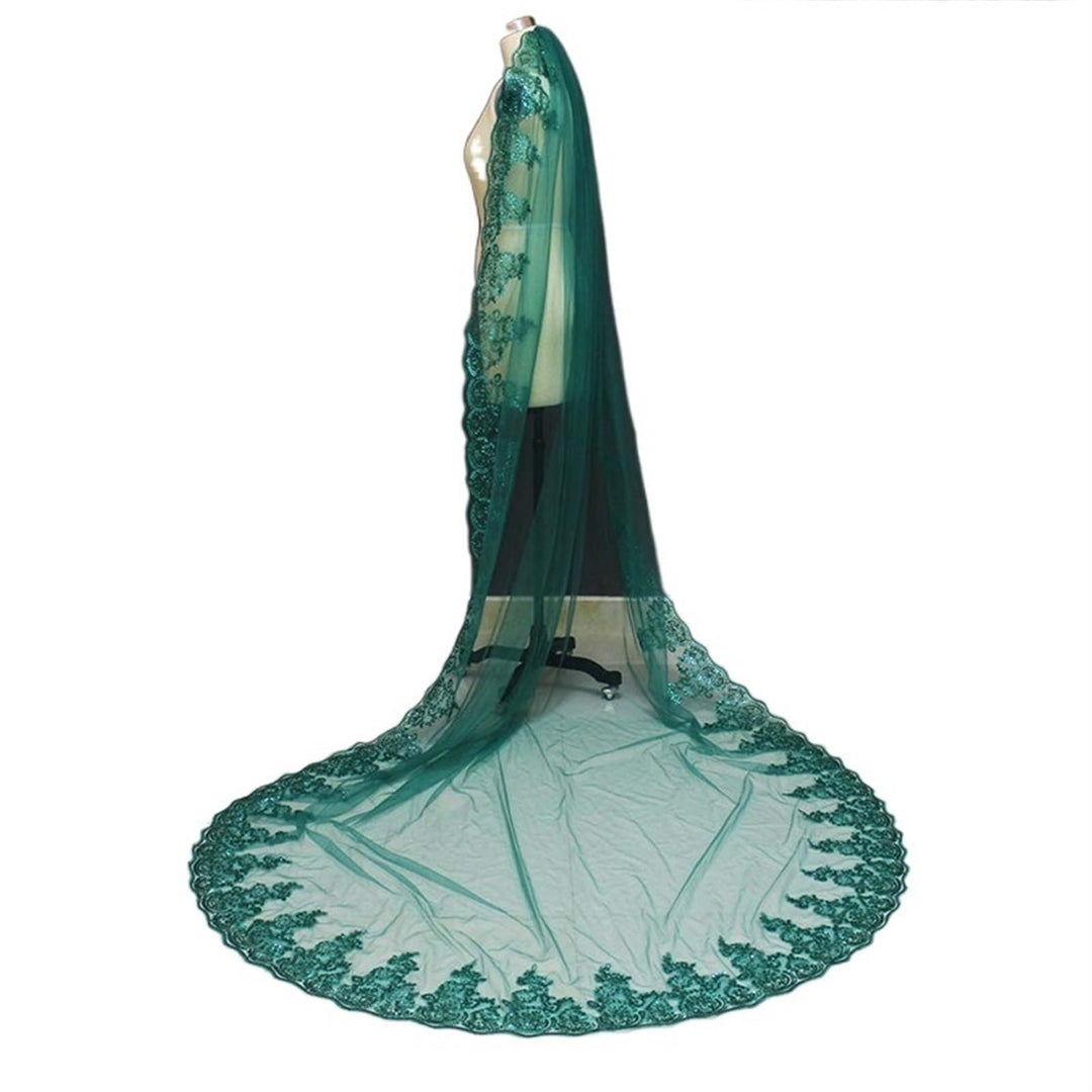 VRONIS Bridal Veil, Pailletten-Spitzenrand, eine Schicht, grüne Brautschleier mit Kamm, Kathedrale,