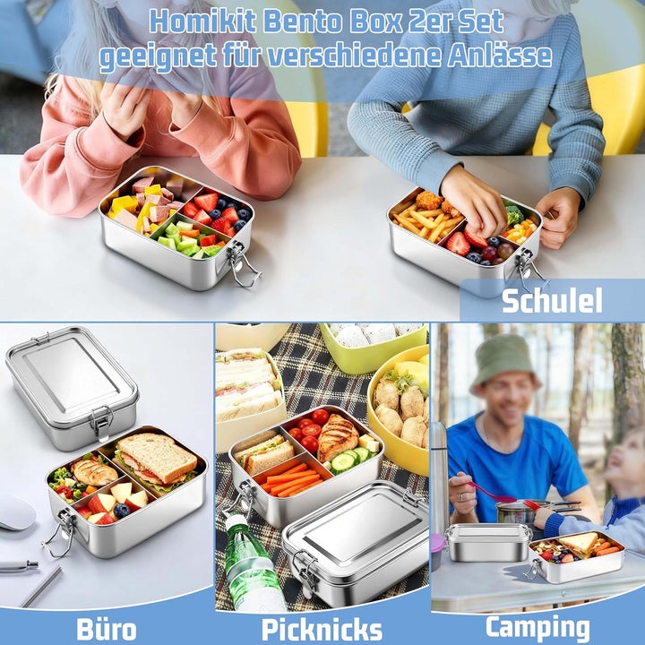 Homikit Brotdose mit Fächern 2er Set, 850ml Edelstahl Lunchbox Bento Box Erwachsene, Auslaufsicher M