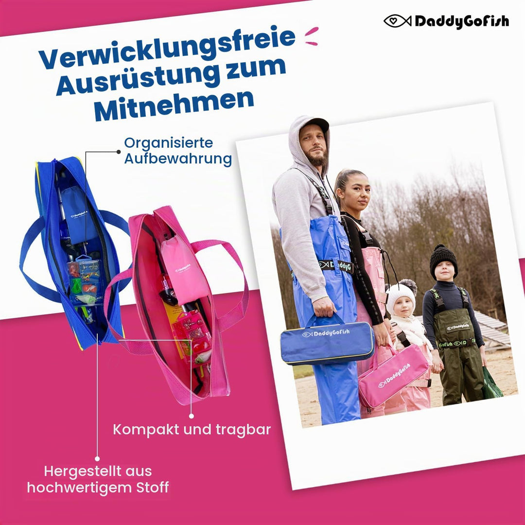 DaddyGoFish Kinder Angelset - Teleskoprute & Rolle Combo mit Klappstuhl, Rutenhalter, Tackle Box, Kö