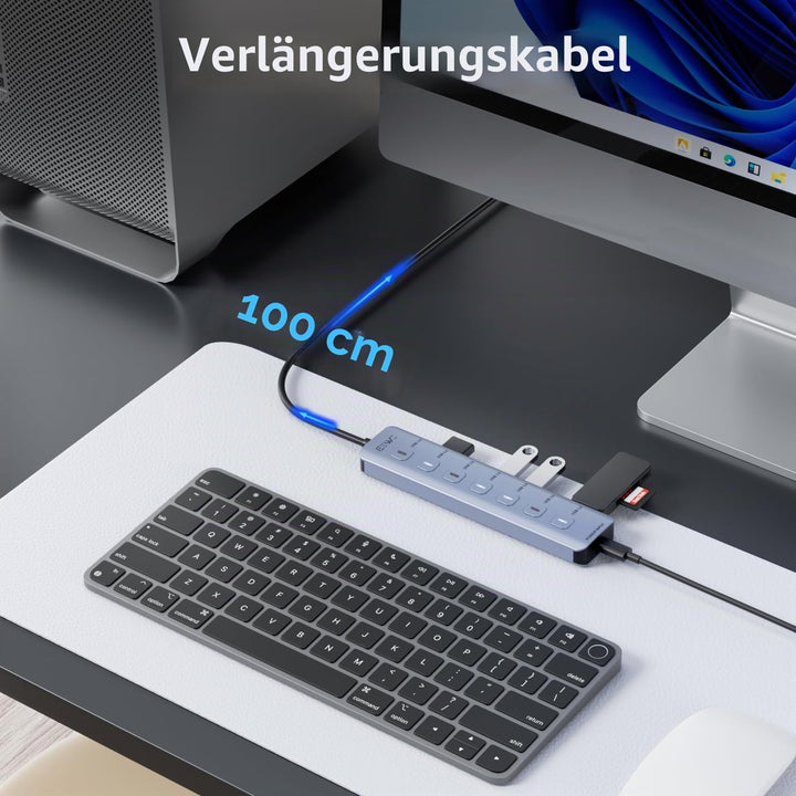 JESWO 7-Port USB 3.0 Hub mit individuellen Schaltern &amp; LED-Anzeigen, Aluminium USB Verteiler 5Gbps,
