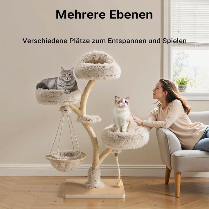 Fudajo Designer Kratzbaum in Zweigdesign 130 cm hoch, Katzenkratzbaum mit Plüsch und Sisal, Kletterb
