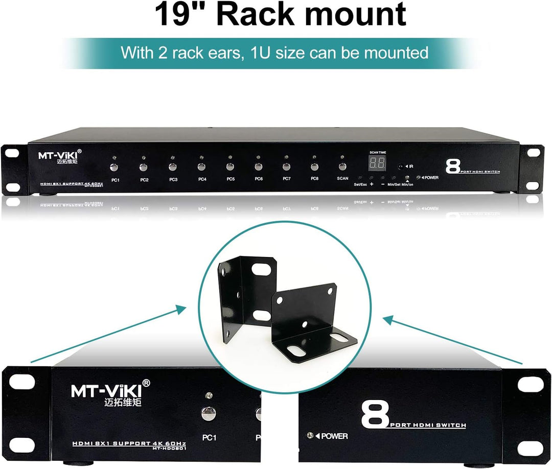 MT-VIKI 4K60Hz 8 Port HDMI Switch 8 in 1 Out mit IR-Fernbedienung Auto Scan 1U Rackmount HDR HDCP2.2