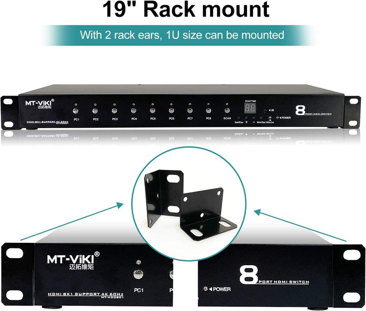 MT-VIKI 4K60Hz 8 Port HDMI Switch 8 in 1 Out mit IR-Fernbedienung Auto Scan 1U Rackmount HDR HDCP2.2