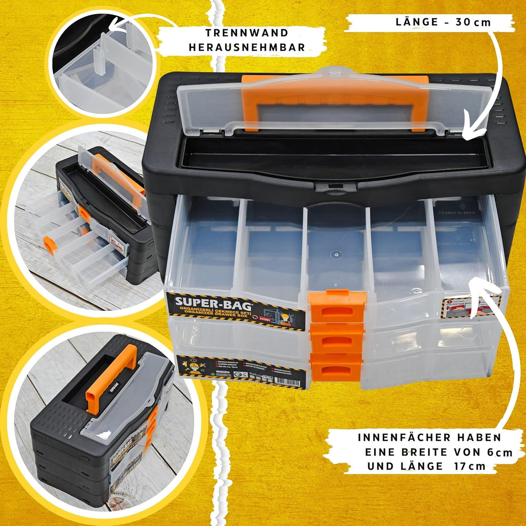 Werkzeugkoffer Kleinteile Organizer 3 Schubladen 390x190x170mm Sortierkasten 16 Innenfächer verstell