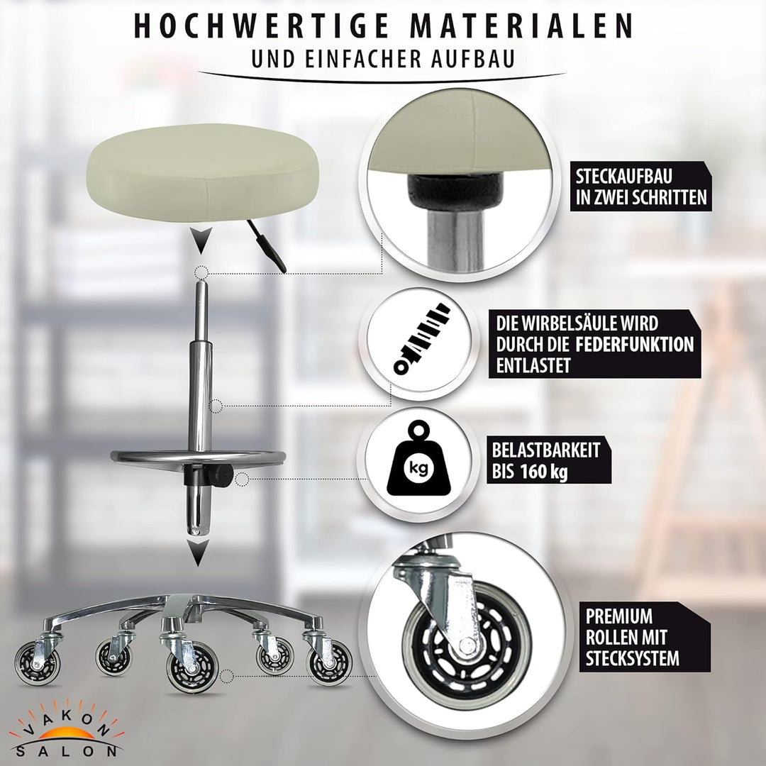 Premium Rollhocker weiss mit Fussring - Höhenverstellbar von 55-75 cm - Rundsitz Drehhocker Arbeitsh
