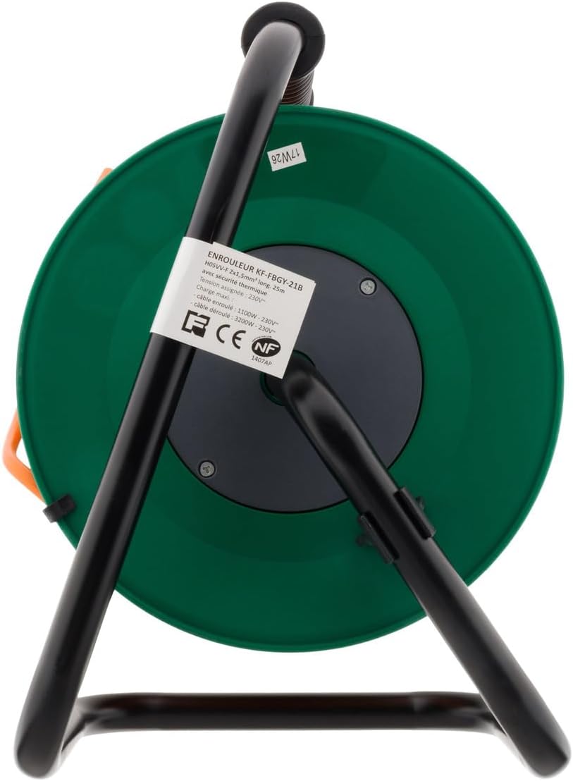 Enrouleur sans prise - 2 x 1,5 mm² - 25m pied métal + coupe circuit