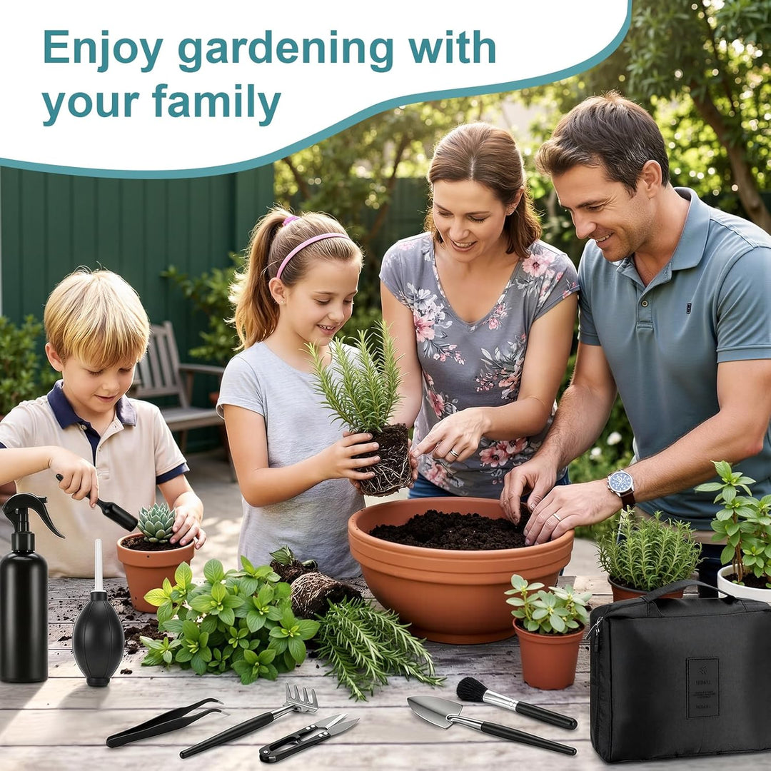 Bonsai Werkzeug Set 17 Stück mit wasserdichte Umtopfmatte & Aufbewahrungstasche, Mini Gartengeräte G