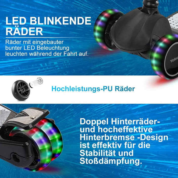 YOLEO Kinderoller Kinderscooter Dreiradscooter mit LED Räder, 2-Rädern Hinterbremsen,4 Höhenverstell