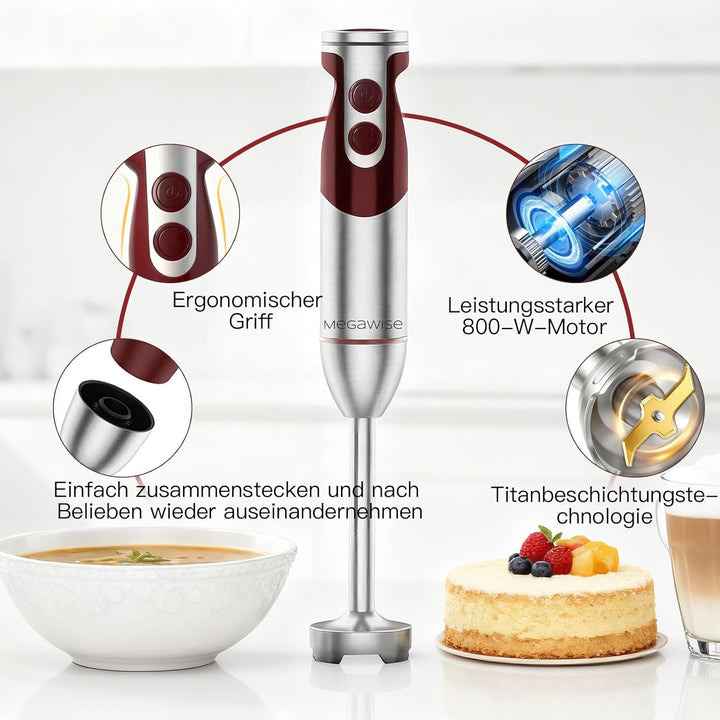 Megawise 3-in-1-Stabmixer – 12 Geschwindigkeiten, inkl. leistungsstarkem Mixstab, Schneebesen und Mi