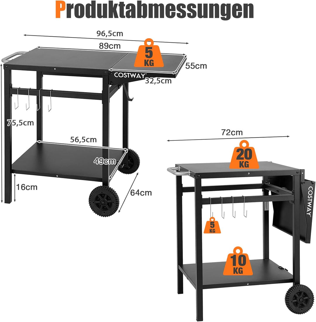 COSTWAY Grilltisch mit klappbarer Tischplatte, Beweglicher Campingtisch mit 2 Ablagen &amp; 4 Haken, Met