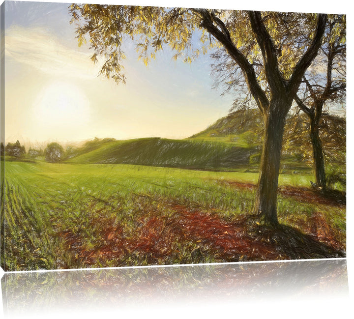 Pixxprint Landschaft im Herbst Kunst Buntstift Effekt, Format: 100x70 auf Leinwand, XXL riesige Bild