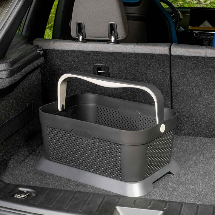 rati Basket - Grau, Smarter Auto Korb zum Einkauf & Outdoor-Aktivitäten, mit Befestigungsadapter zum