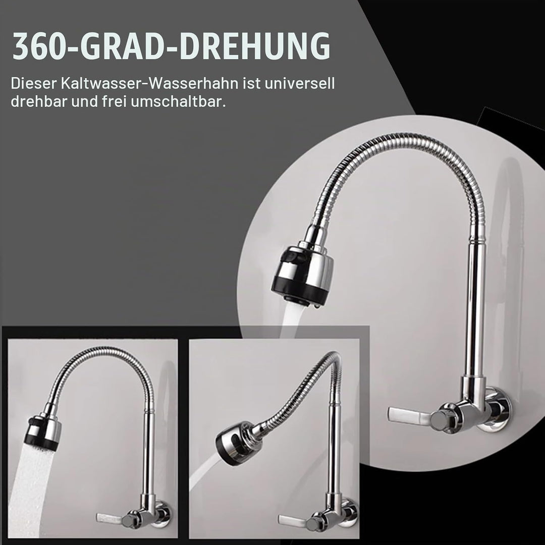 Edelstahl Wasserhahn Küche Wandmontage, 360° Drehbar Küchenarmatur Kaltwasserhahn Wandmontage Spülti