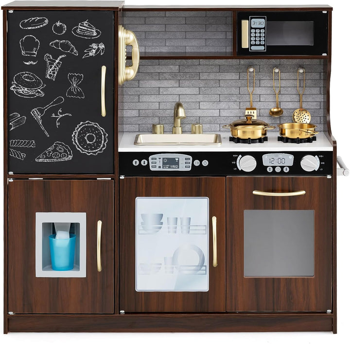 COSTWAY Kinderküche mit 10 Spielzubehör, Spielküche Kinder mit Tafel, Spielzeugküche mit Mikrowelle