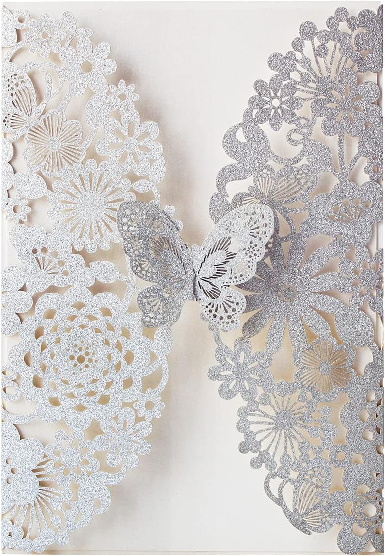 Hosmsua 20x Silber Glitzer Laserschnitt Spitze Flora Hochzeit Einladungskarten mit Schmetterling und