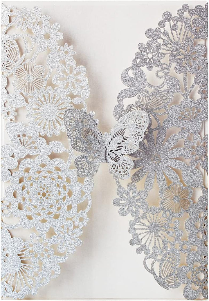 Hosmsua 20x Silber Glitzer Laserschnitt Spitze Flora Hochzeit Einladungskarten mit Schmetterling und