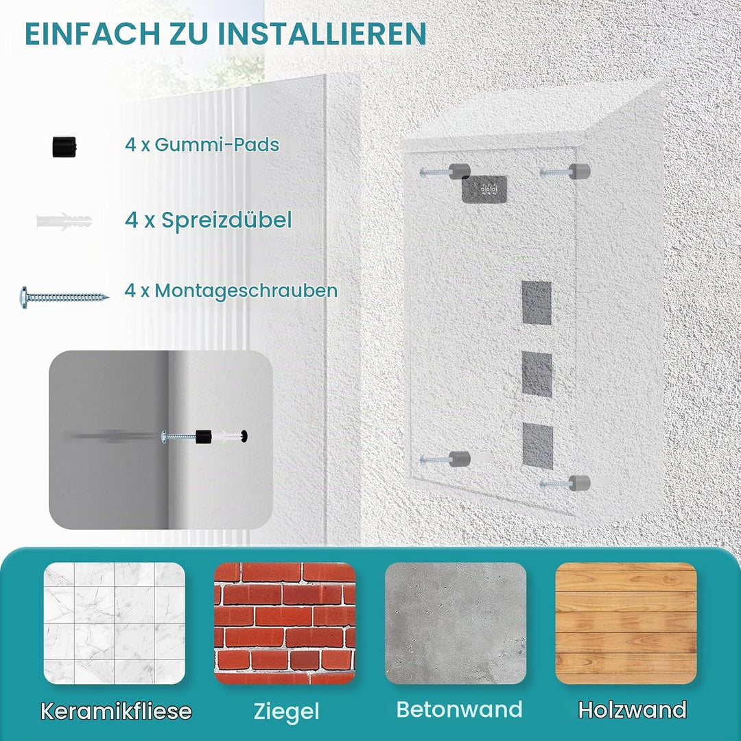 Briefkasten aus Stahl Wandmontiert mit Zahlenschloss - 3 Sichtfenster (4x4cm), Regenabweisend, Für H