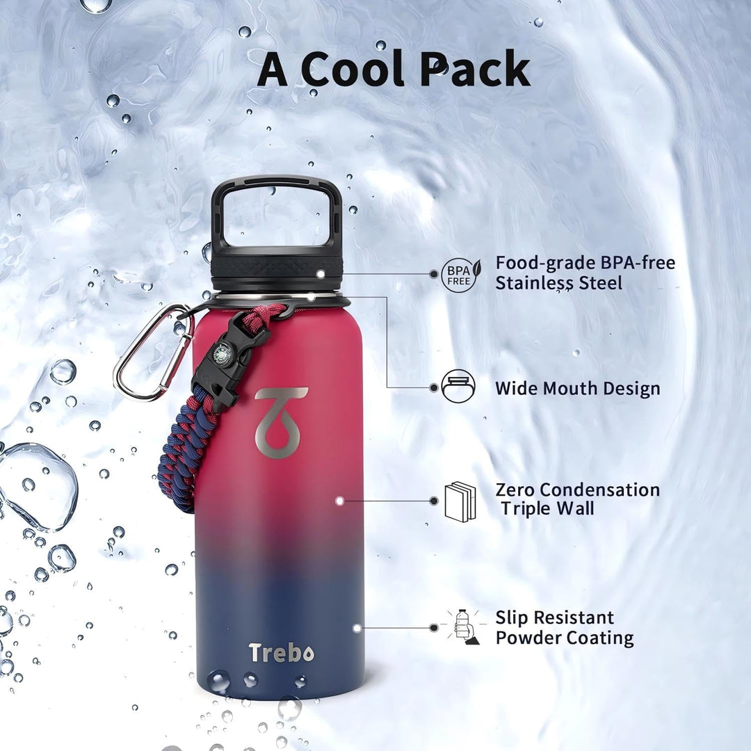 Trebo 946 ml Edelstahl Trinkflasche Isoliert mit Paracord-Griff &amp; 3 Deckeln | Metall Wasserflasche m