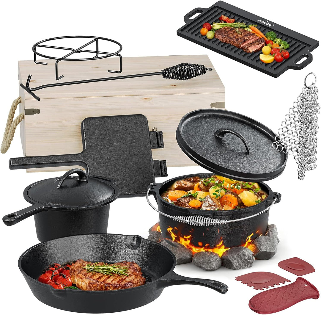 HOMELUX 12-teilig Dutch Oven Set in Holzkiste mit 4,5L Dutch Oven Topf &amp; 3,6L Saucier – Inkl. Grillp