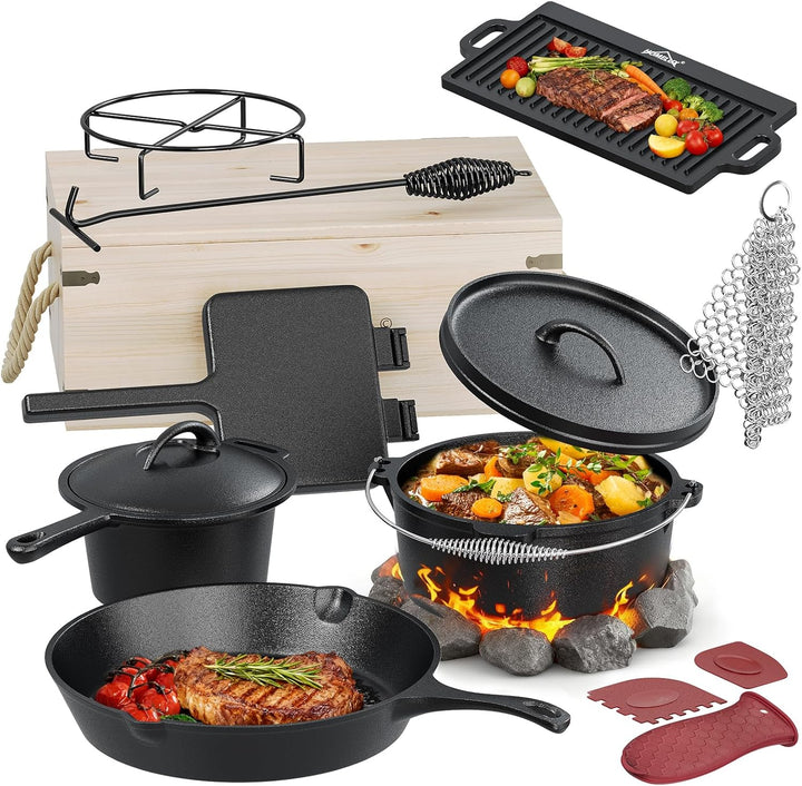 HOMELUX 12-teilig Dutch Oven Set in Holzkiste mit 4,5L Dutch Oven Topf &amp; 3,6L Saucier – Inkl. Grillp