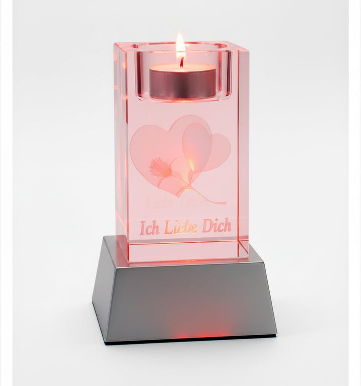 Kaltner Präsente Stimmungslicht LED Kerze/Kristall Glasblock / 3D-Laser-Gravur Teelichthalter Herz R