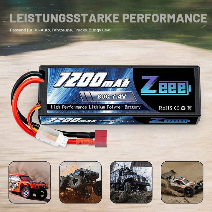 Zeee 2S Lipo Akku 7,4V 80C 7200mAh Hardcase Batterie mit T Stecker für RC Car RC Truck RC Auto Boot