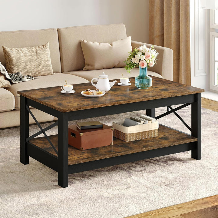 YITAHOME Couchtisch, Wohnzimmertisch, 2-stöckiger Dicker Holz Rechteckiger Couchtisch, X-Form Metal