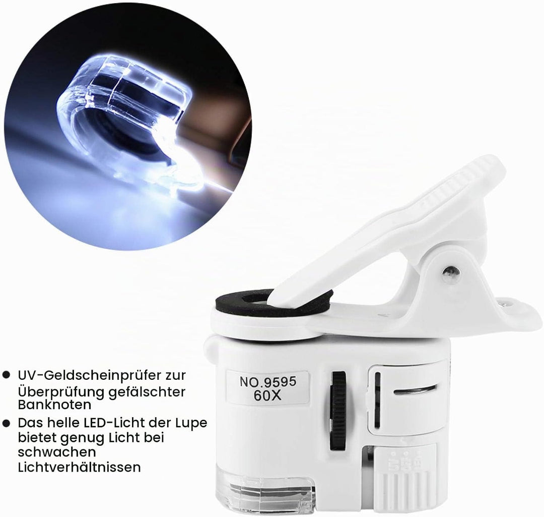Handy-Mikroskop 60X Digitalmikroskop mit LED UV Licht HD Optische Linse 180° Mini Clip für Smartphon