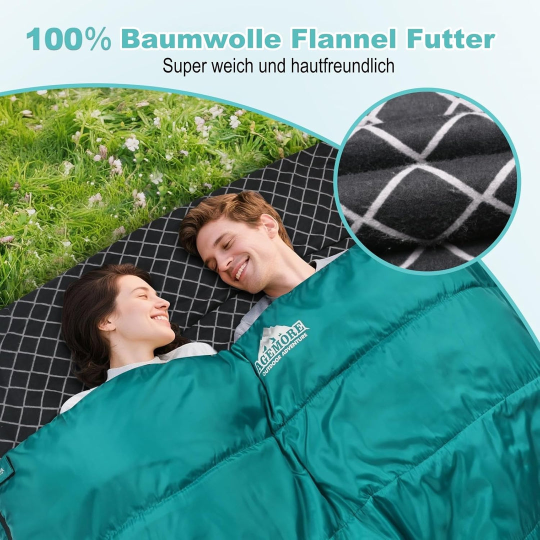 Baumwollflanell-Doppelschlafsack für Camping, Wandern oder Wandern. Queen Size 2 Person wasserdichte