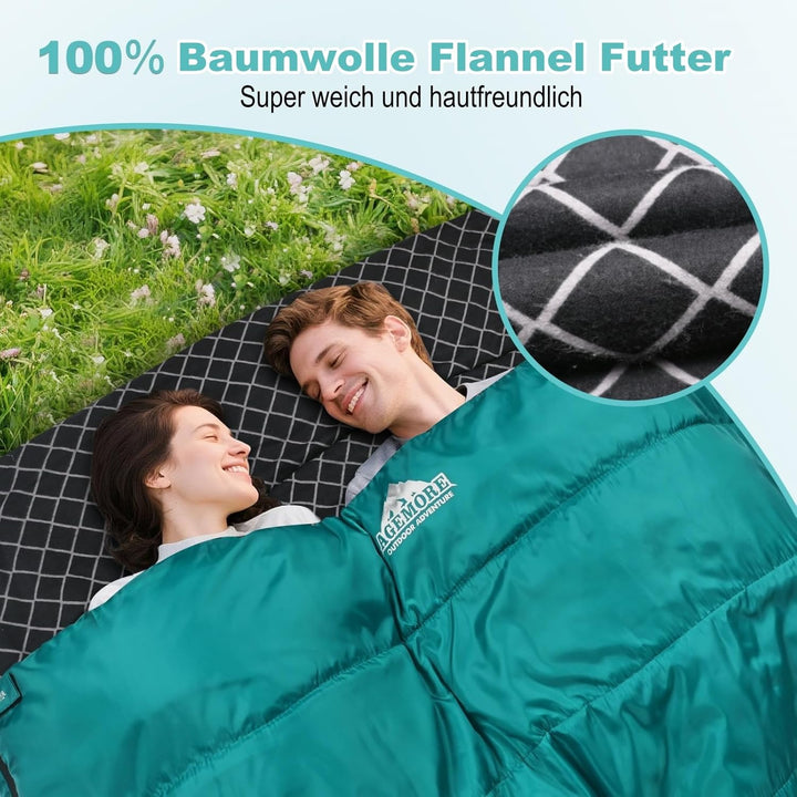 Baumwollflanell-Doppelschlafsack für Camping, Wandern oder Wandern. Queen Size 2 Person wasserdichte