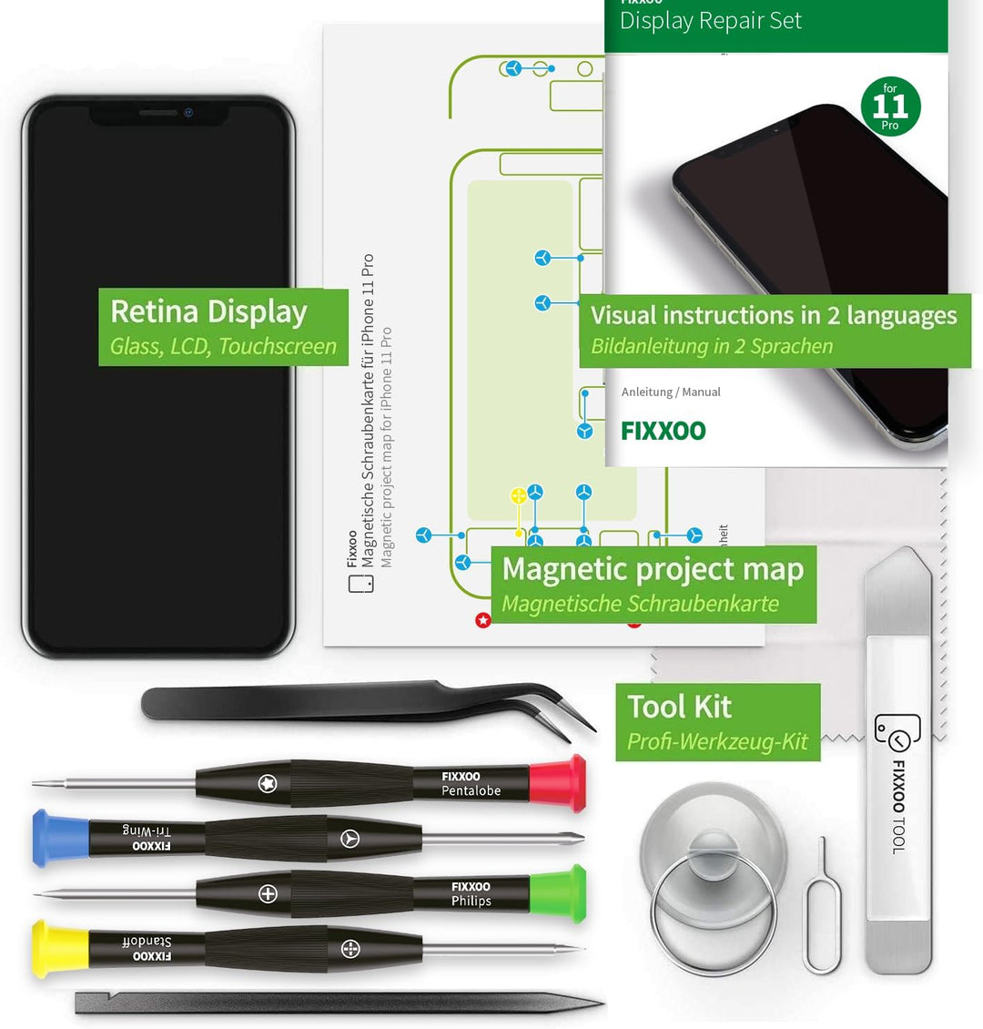 GIGA Fixxoo® iPhone 11 Pro Display Original [inkl. Werkzeug-Kit] - Retina LCD Glas mit Touchscreen -