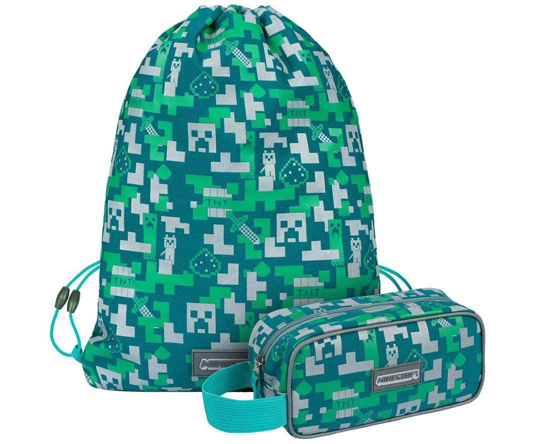 Baagl Minecraft Federmäppchen und Turnbeutel Set 2 Teilig für Jungen und Mädchen, Schule Mäppchen, G