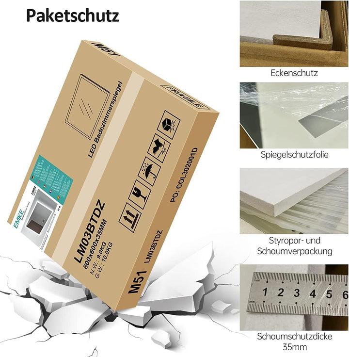 EMKE LED Badspiegel mit Beleuchtung 80x60cm Badezimmerspiegel kaltweiss Lichtspiegel Wandspiegel IP4