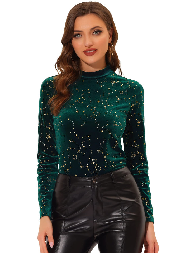 Allegra K Damen Velvet Bluse Langarmshirt Stehkragen Glitzer Sterne Samt Oberteil Elegant Bluse S Gr