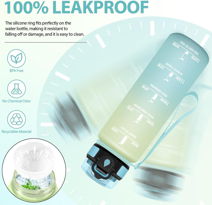 HoneyHolly Trinkflasche 1L, Auslaufsicher mit Zeitmarkierung, Wasserflasche, Sportflasche mit Filter