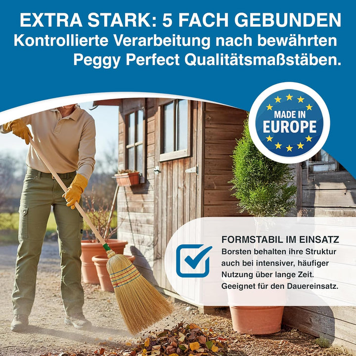 Peggy Perfect - Hochwertiger Strohbesen, Reisstrohbesen mit 5-facher Naht, Buchenholzstiel und extra