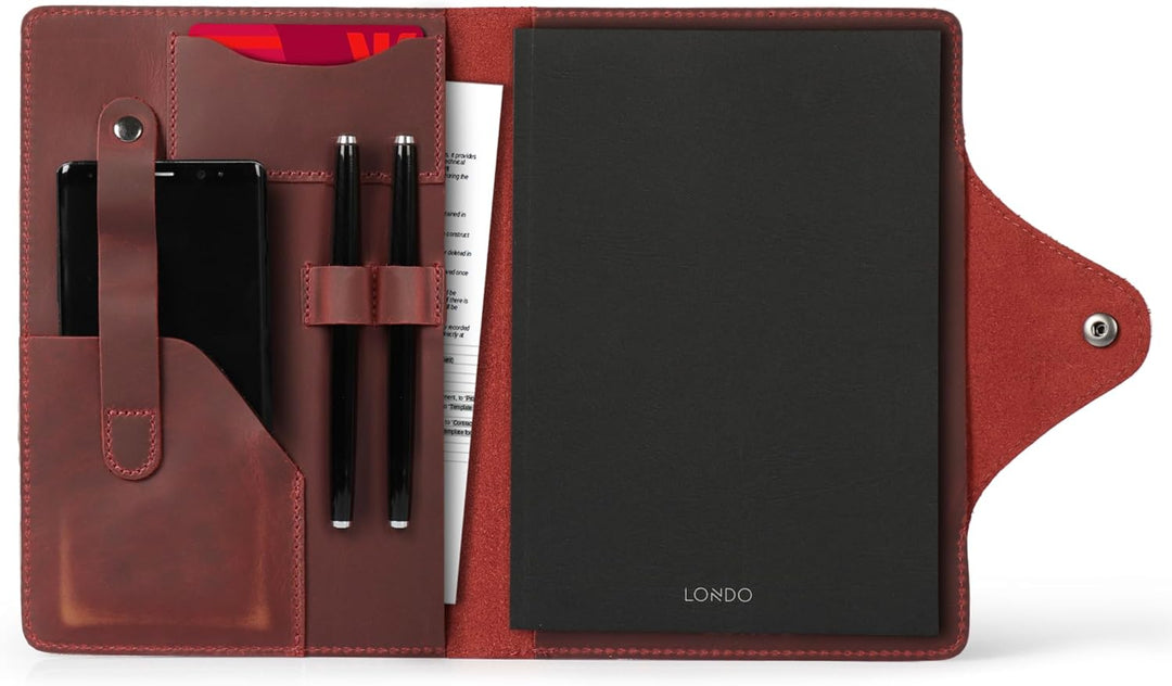 Londo Echtleder Schreibmappe Konferenzmappe mit Notizblock Notizblock und Schloss Rot L, Rot L