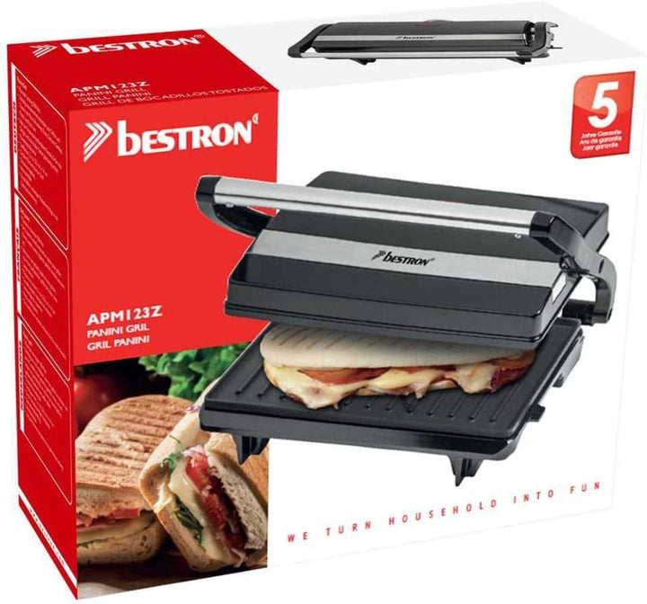 Bestron elektrischer Kontaktgrill mit Auffangschale, Sandwichmaker mit Cool-Touch-Handgriff, Paninim