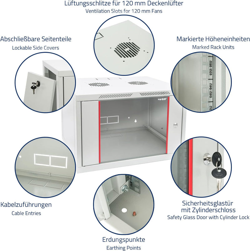 HMF 66407-07 Netzwerkschrank, Serverschrank 19 Zoll | 7 HE | 450 mm Tiefe | Voll montiert | Glastür