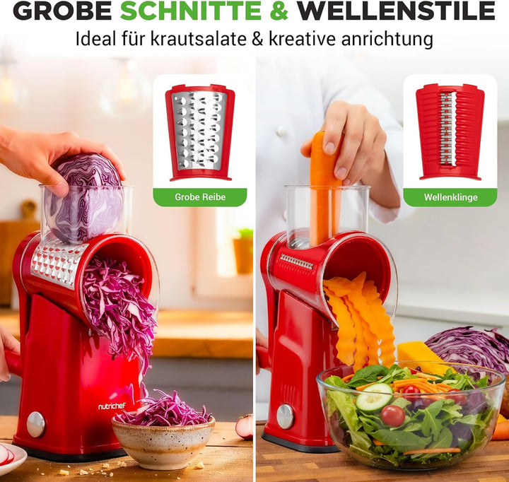 NutriChef Käsereibe mit Kurbel - Gemüsereibe inkl. 5 Trommelblättern - Ideal für Käse Gurken Karotte