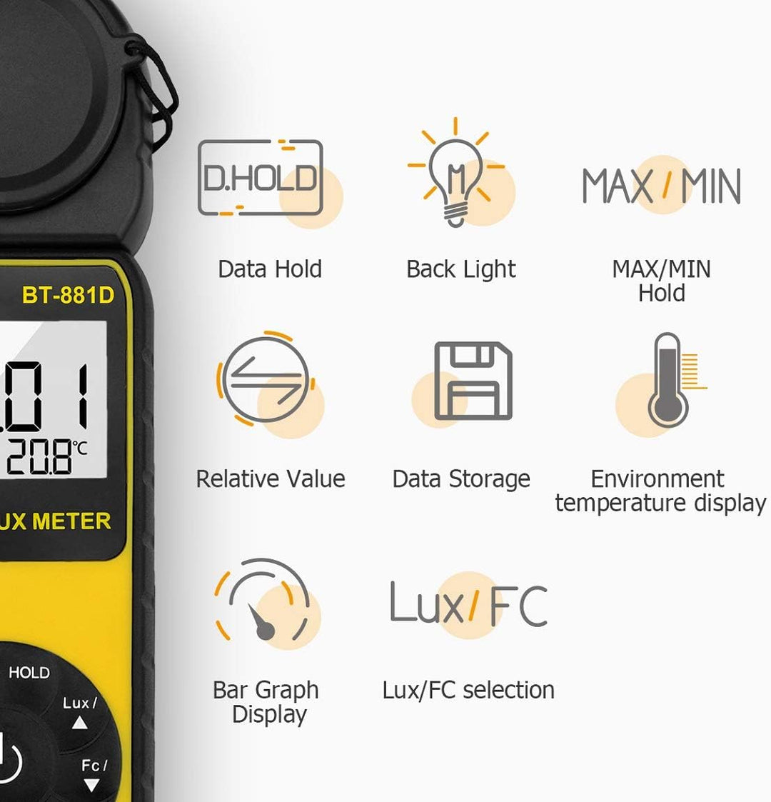 BTMETER BT-881D Digital Illuminance Light Meter, Measure Lights 0.01~400,000 Lux (0.01~40,000 FC) Fo