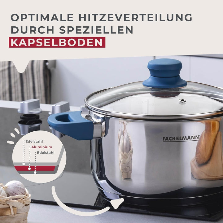 FACKELMANN Kochtopf Essential Ø 20 cm aus Edelstahl, ergonomische Softtouch-Griffe, modernes Design,