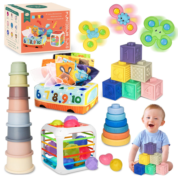 Montessori Spielzeug ab 1 Jahr, 6 in 1 Baby Spielzeug ab 6 9 12 Monate, Motorikspielzeug mit Stapelt