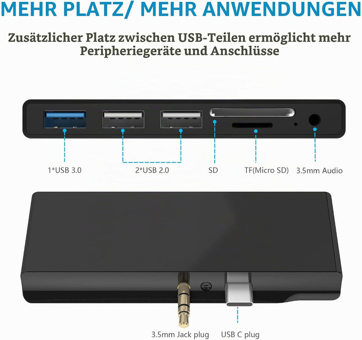 Surface Go Docking Station, USB C Hub Surface Go /Go2 /Go3 mit USB3.0+2 USB 2.0+SD Kartenleser+Micro