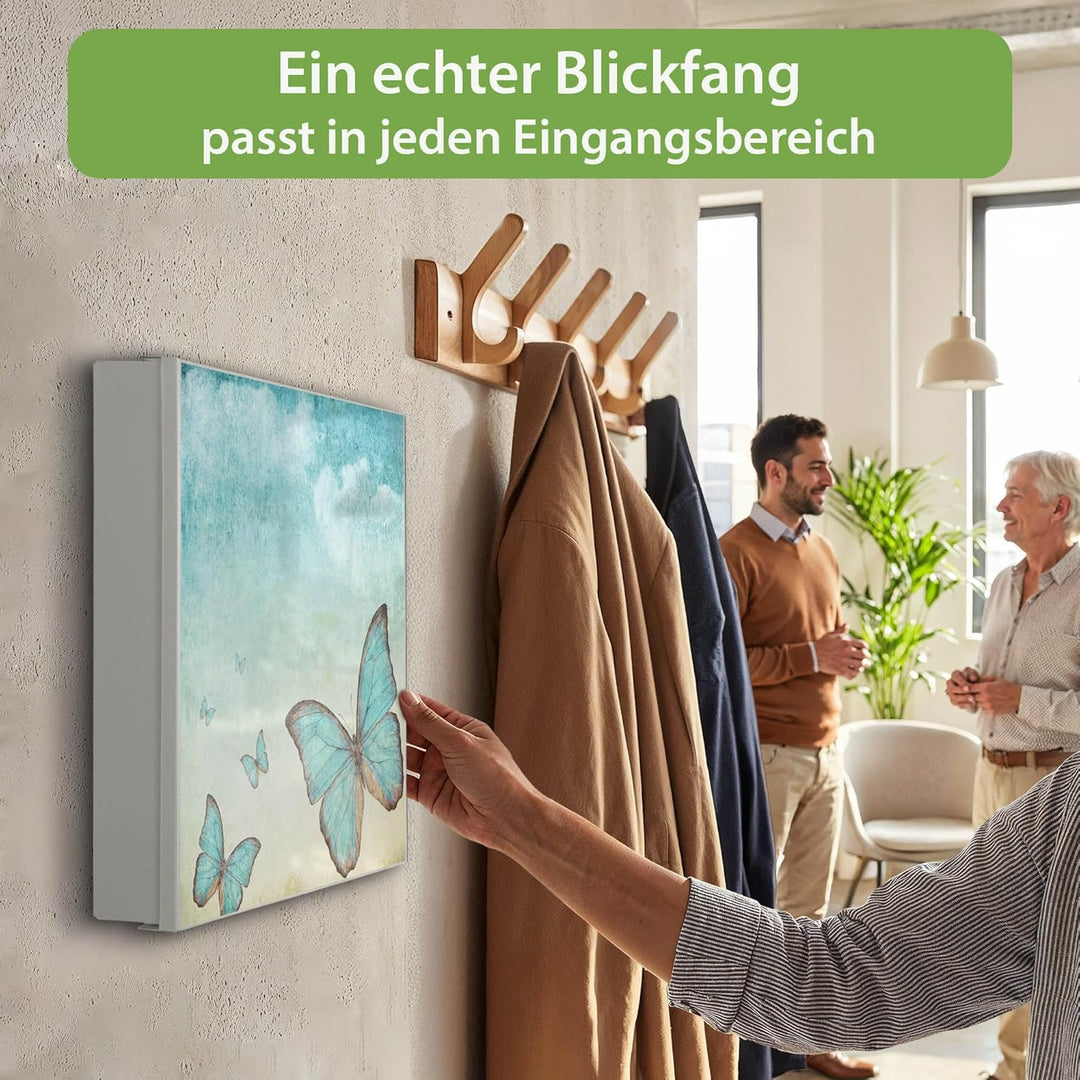 banjado® Grosser Schlüsselkasten Glas/Schlüsselbox 30cm x 30cm mit 50 Haken - Motiv Blaue Schmetterl