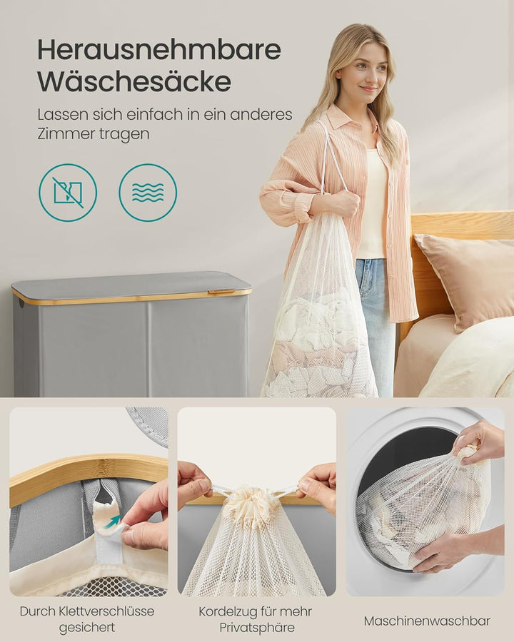 SONGMICS Wäschekorb mit Deckel, Wäschesammler mit 4 Fächern, 200 L, herausnehmbarer Wäschesack, Oxfo